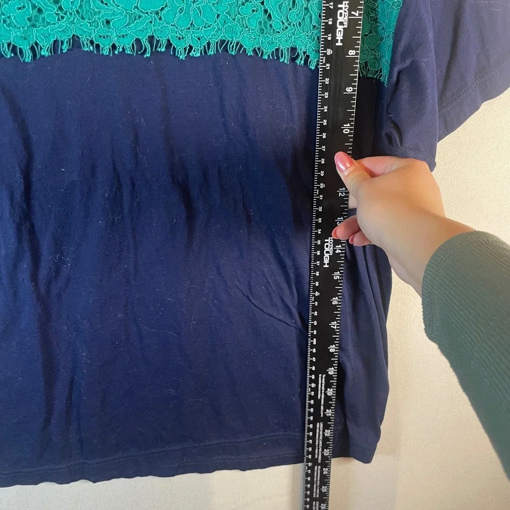 J. Crew Womens Navy Blue Teal Green Lace Overlay‎ Short Sleeve Top Size M